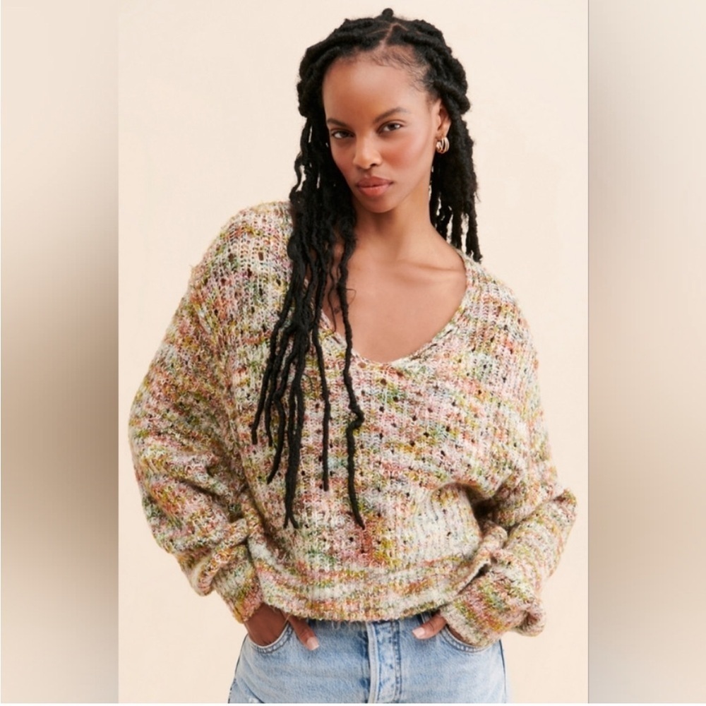 Free People Multi Color Knit Highland V-Neck Sweater in Mendocino Combo